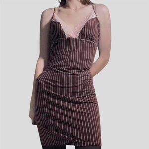 Vintage Y2K Brown Pink Nightie Slip Nightgown Mini Dress Lace Sequin Medium